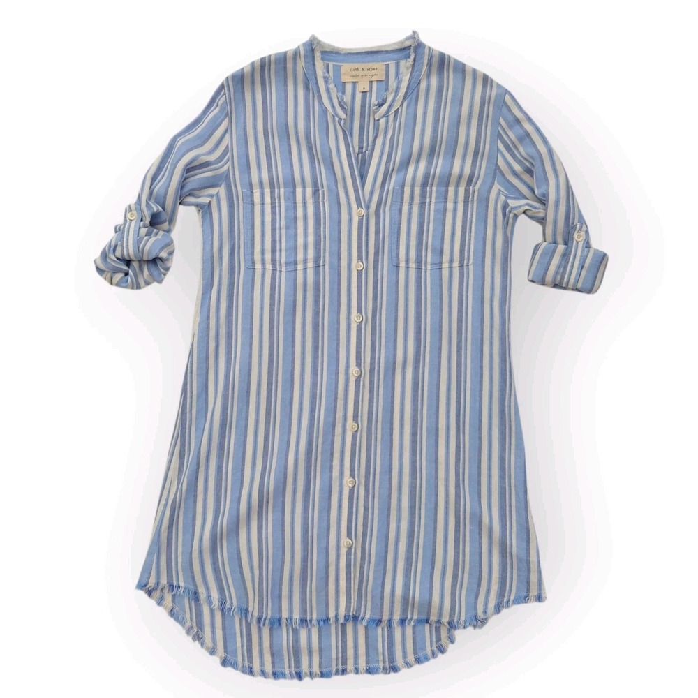 Anthropologie Cloth & Stone Shirt Dress S Roll Sleeve Linen Blend Striped Blue
